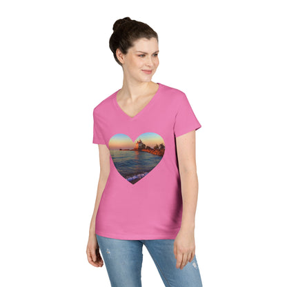 Ladies' Cotton V-Neck T-Shirt • "Lighthouse Glow" Photo in Heart • 10 color fabric choices