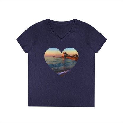 Ladies' Cotton V-Neck T-Shirt • "Lighthouse Glow" Photo in Heart • 10 color fabric choices