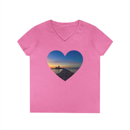 Ladies' Cotton V-Neck T-Shirt • "Breakwater Birds" Photo in Heart • 10 color fabric choices