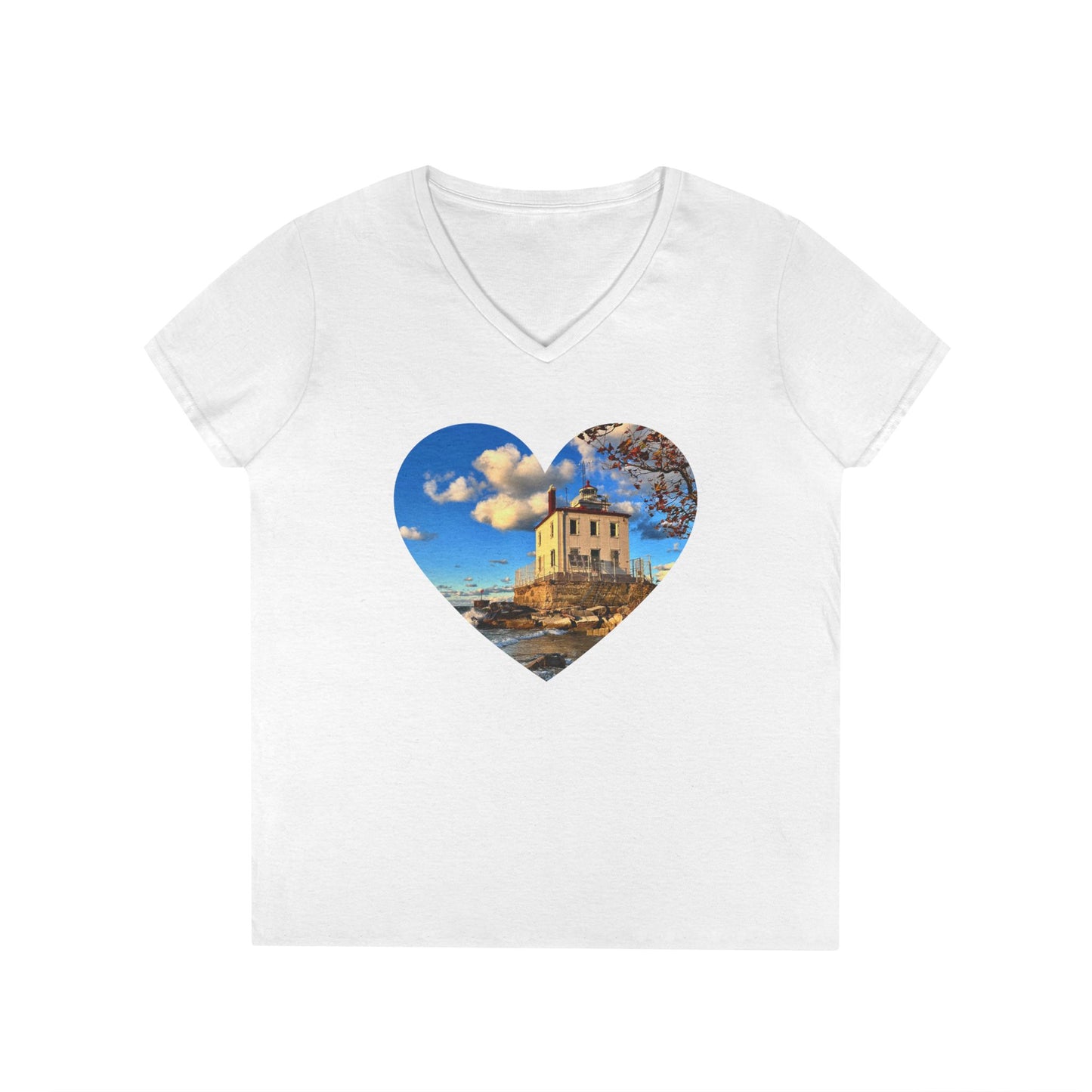 Ladies' Cotton V-Neck T-Shirt • "Fairport Harbor West Breakwater Light" Photo in Heart • 10 color fabric choices