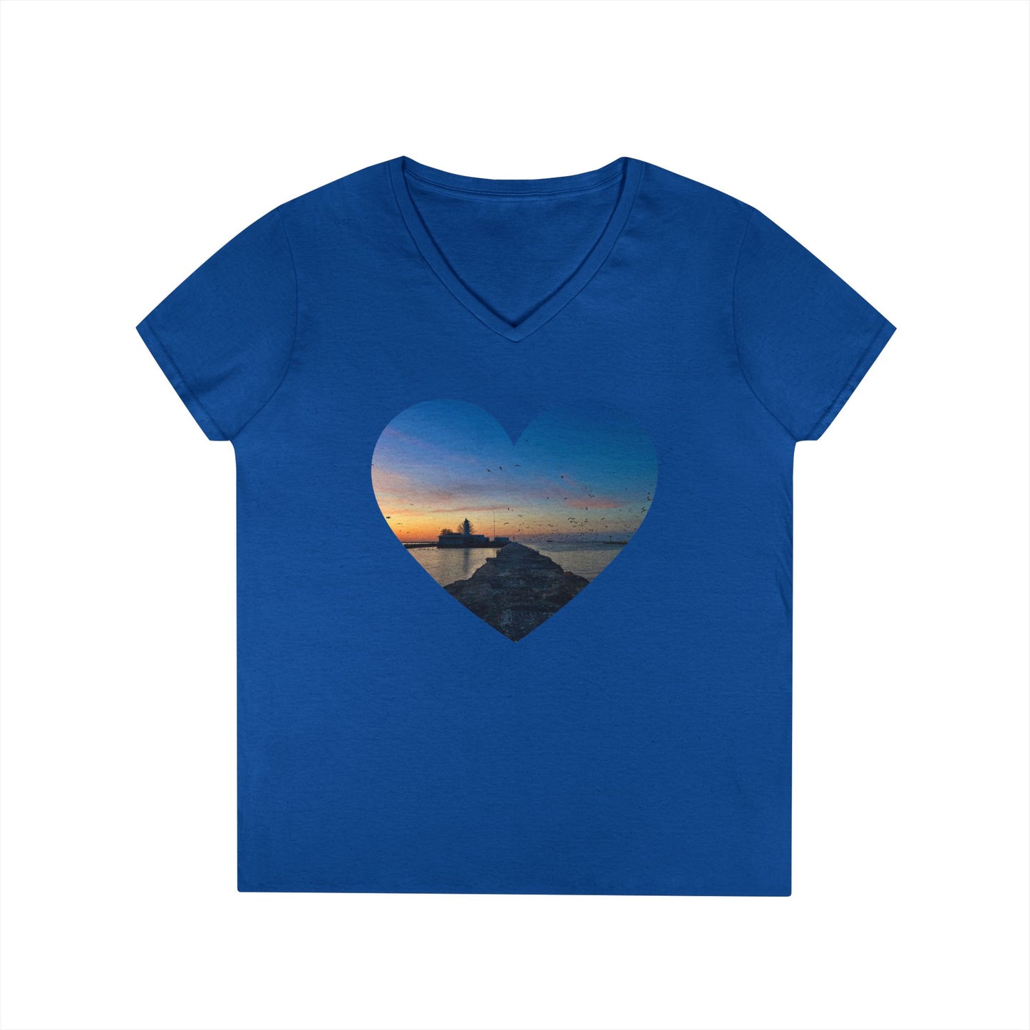 Ladies' Cotton V-Neck T-Shirt • "Breakwater Birds" Photo in Heart • 10 color fabric choices