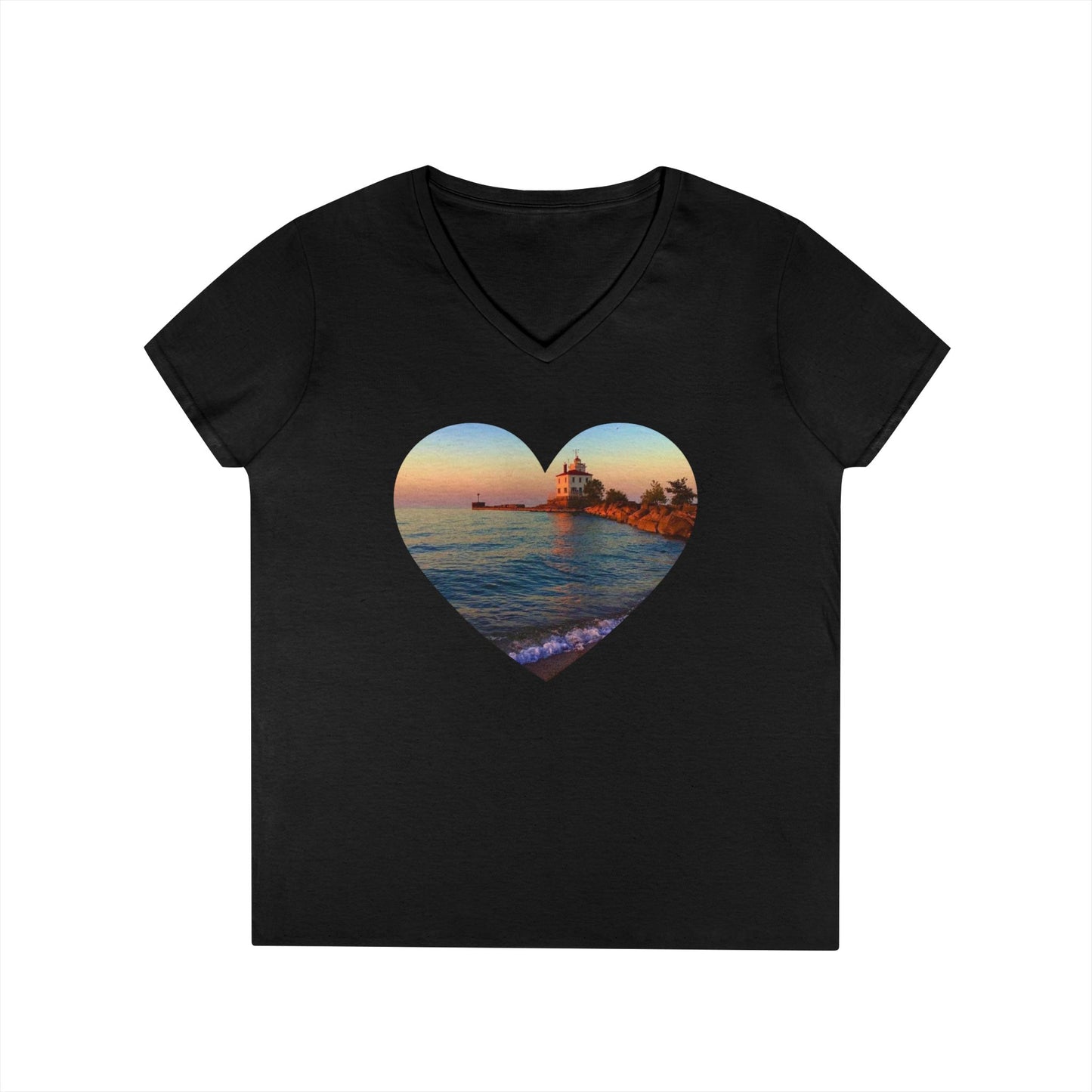 Ladies' Cotton V-Neck T-Shirt • "Lighthouse Glow" Photo in Heart • 10 color fabric choices