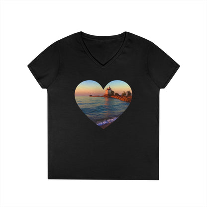 Ladies' Cotton V-Neck T-Shirt • "Lighthouse Glow" Photo in Heart • 10 color fabric choices