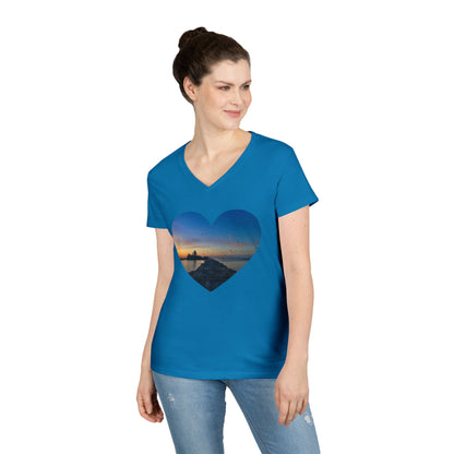 Ladies' Cotton V-Neck T-Shirt • "Breakwater Birds" Photo in Heart • 10 color fabric choices