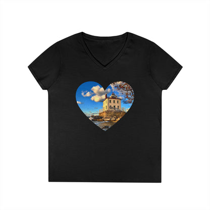Ladies' Cotton V-Neck T-Shirt • "Fairport Harbor West Breakwater Light" Photo in Heart • 10 color fabric choices