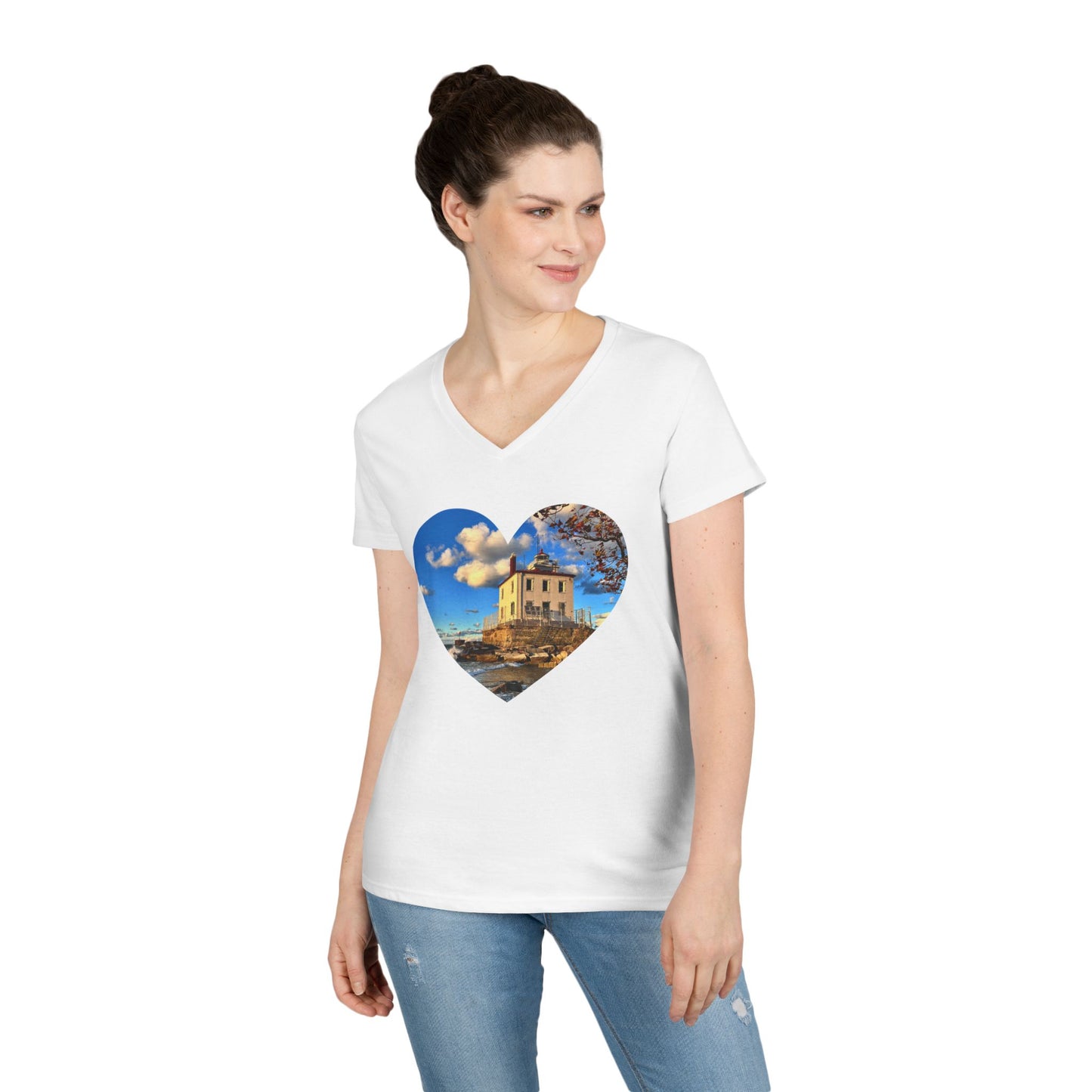 Ladies' Cotton V-Neck T-Shirt • "Fairport Harbor West Breakwater Light" Photo in Heart • 10 color fabric choices