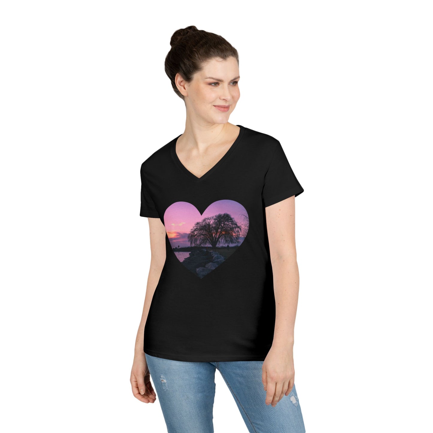 Ladies' Cotton V-Neck T-Shirt • "Willow at Edgewater" Photo in Heart • 10 color fabric choices