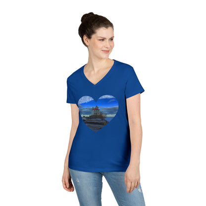 Ladies' Cotton V-Neck T-Shirt • "Breakwater Lighthouse" Photo in Heart • 10 color fabric choices