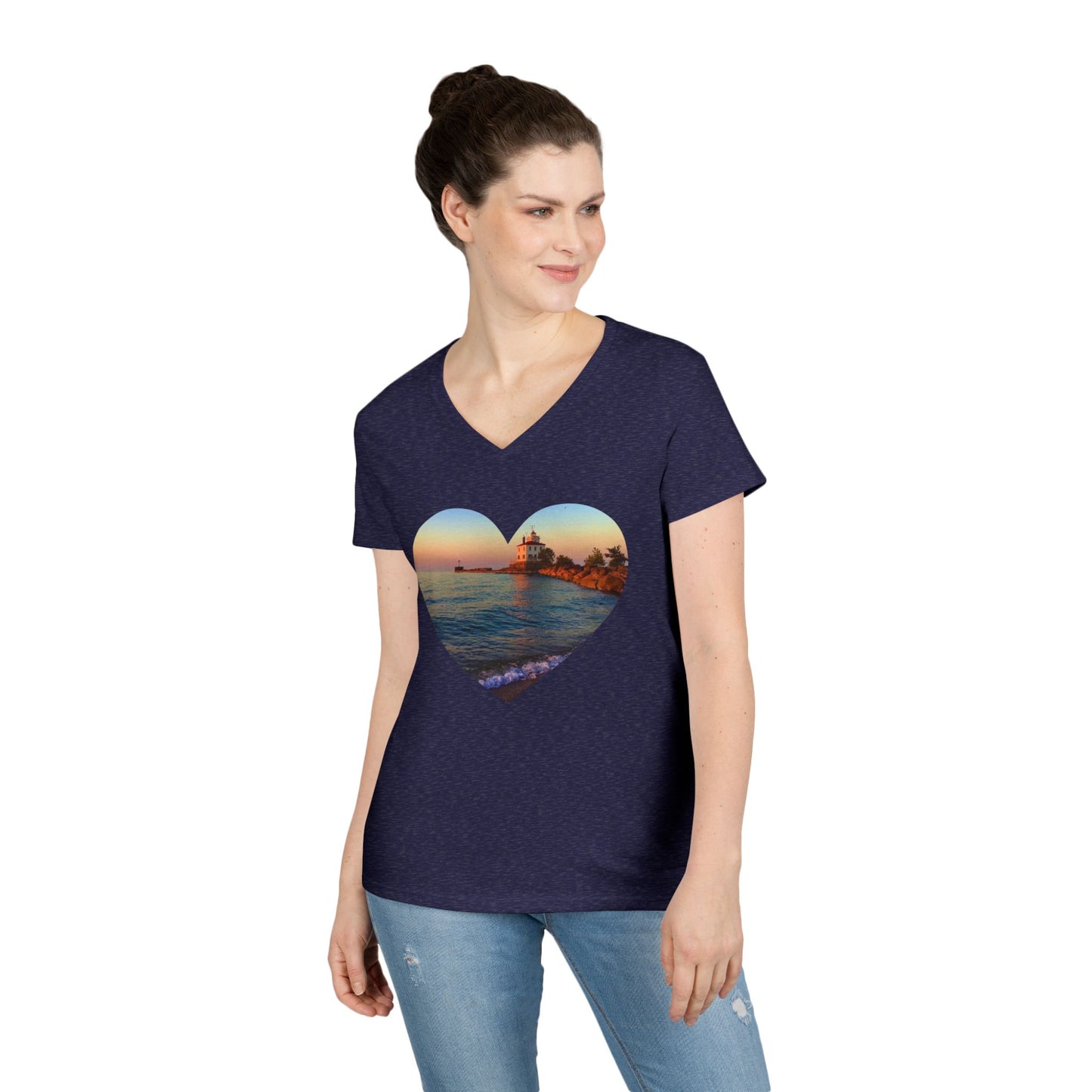 Ladies' Cotton V-Neck T-Shirt • "Lighthouse Glow" Photo in Heart • 10 color fabric choices