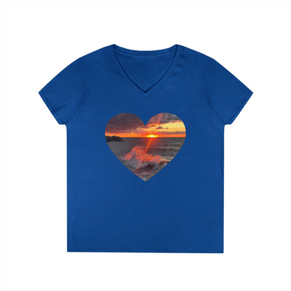 Ladies' Cotton V-Neck T-Shirt • "Fiery Splash at Avon Lake" Photo in Heart • 10 color fabric choices