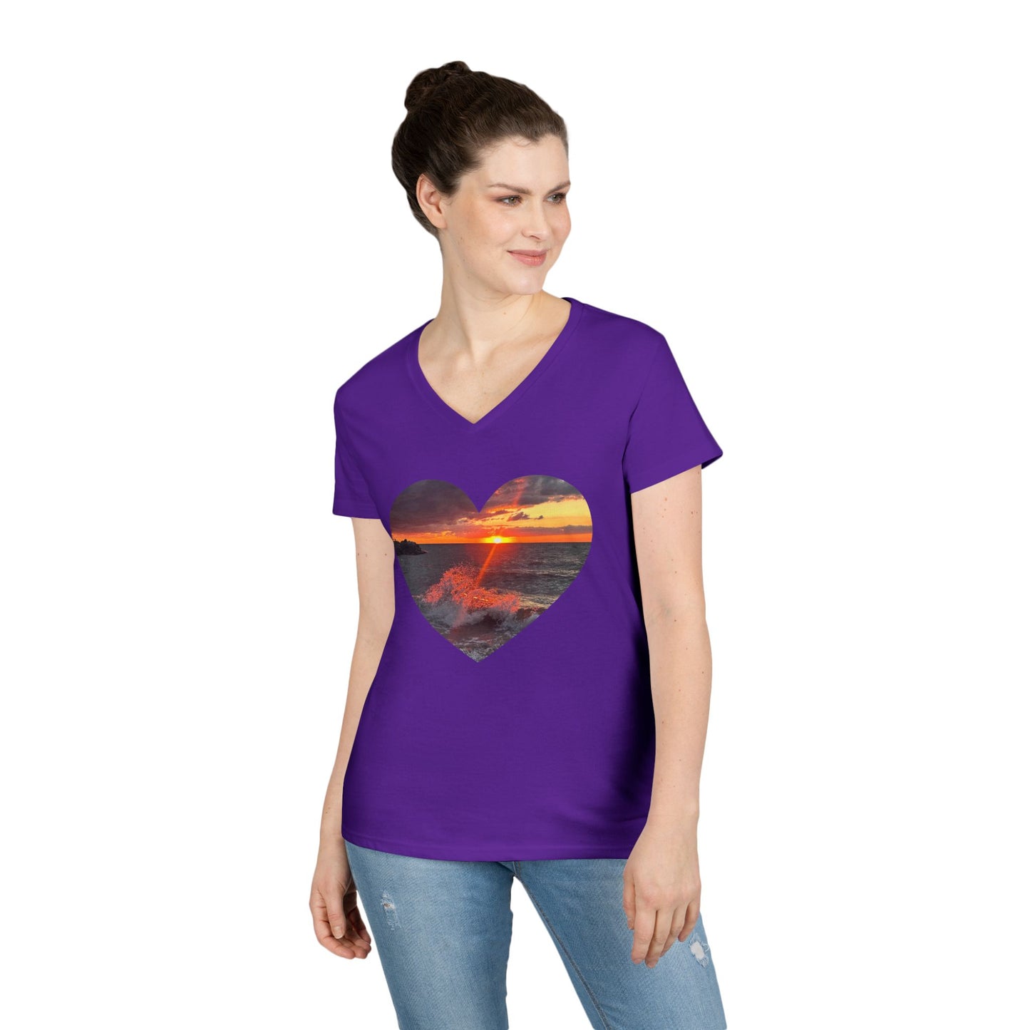 Ladies' Cotton V-Neck T-Shirt • "Fiery Splash at Avon Lake" Photo in Heart • 10 color fabric choices