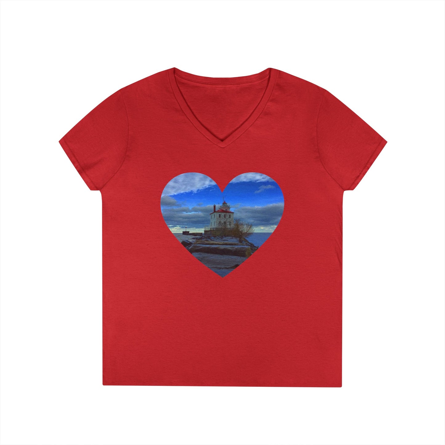 Ladies' Cotton V-Neck T-Shirt • "Breakwater Lighthouse" Photo in Heart • 10 color fabric choices