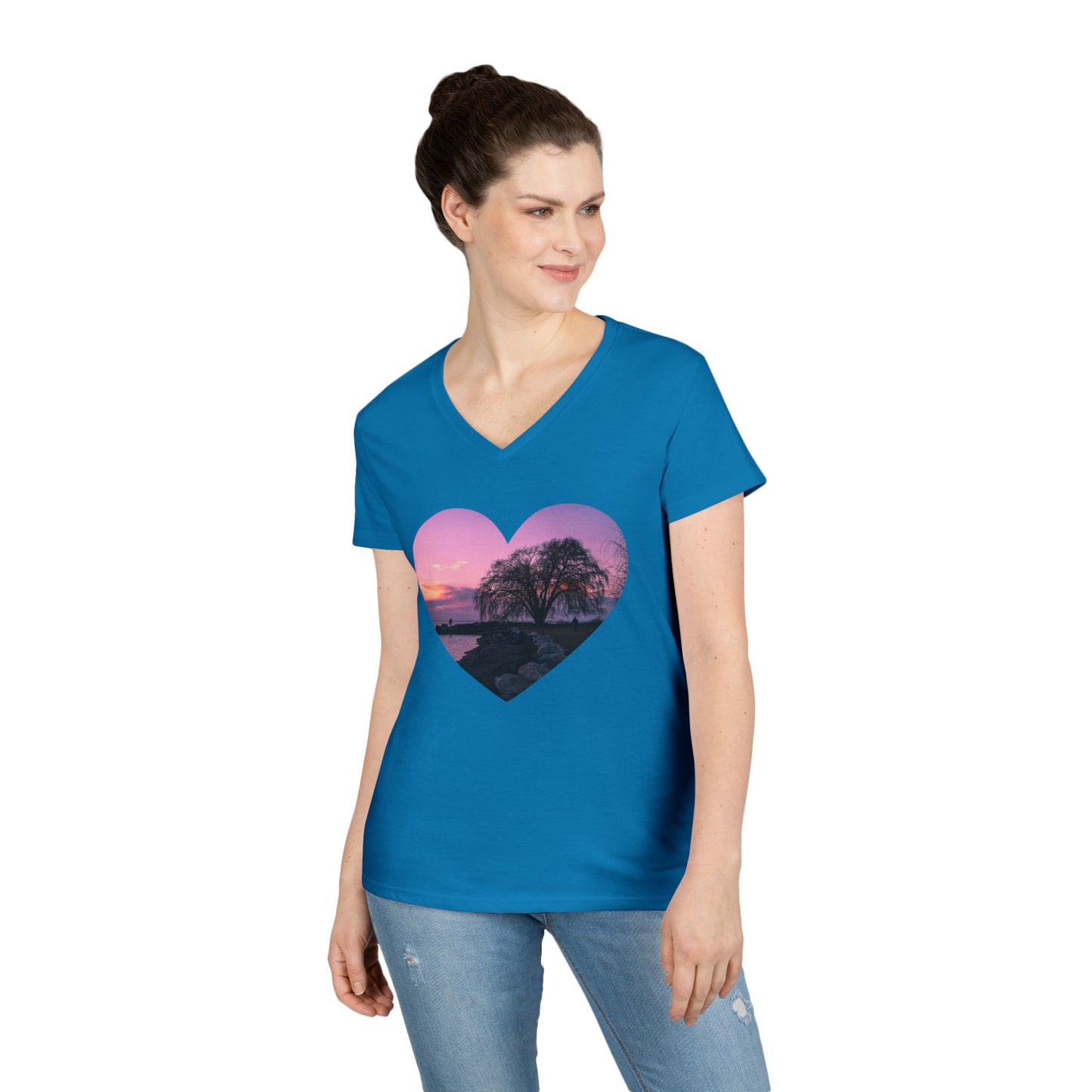 Ladies' Cotton V-Neck T-Shirt • "Willow at Edgewater" Photo in Heart • 10 color fabric choices