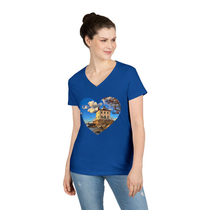 Ladies' Cotton V-Neck T-Shirt • "Fairport Harbor West Breakwater Light" Photo in Heart • 10 color fabric choices
