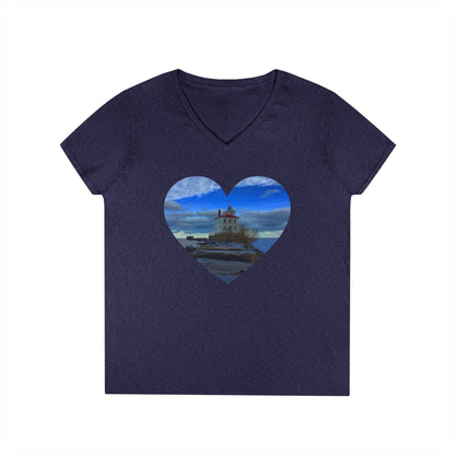 Ladies' Cotton V-Neck T-Shirt • "Breakwater Lighthouse" Photo in Heart • 10 color fabric choices