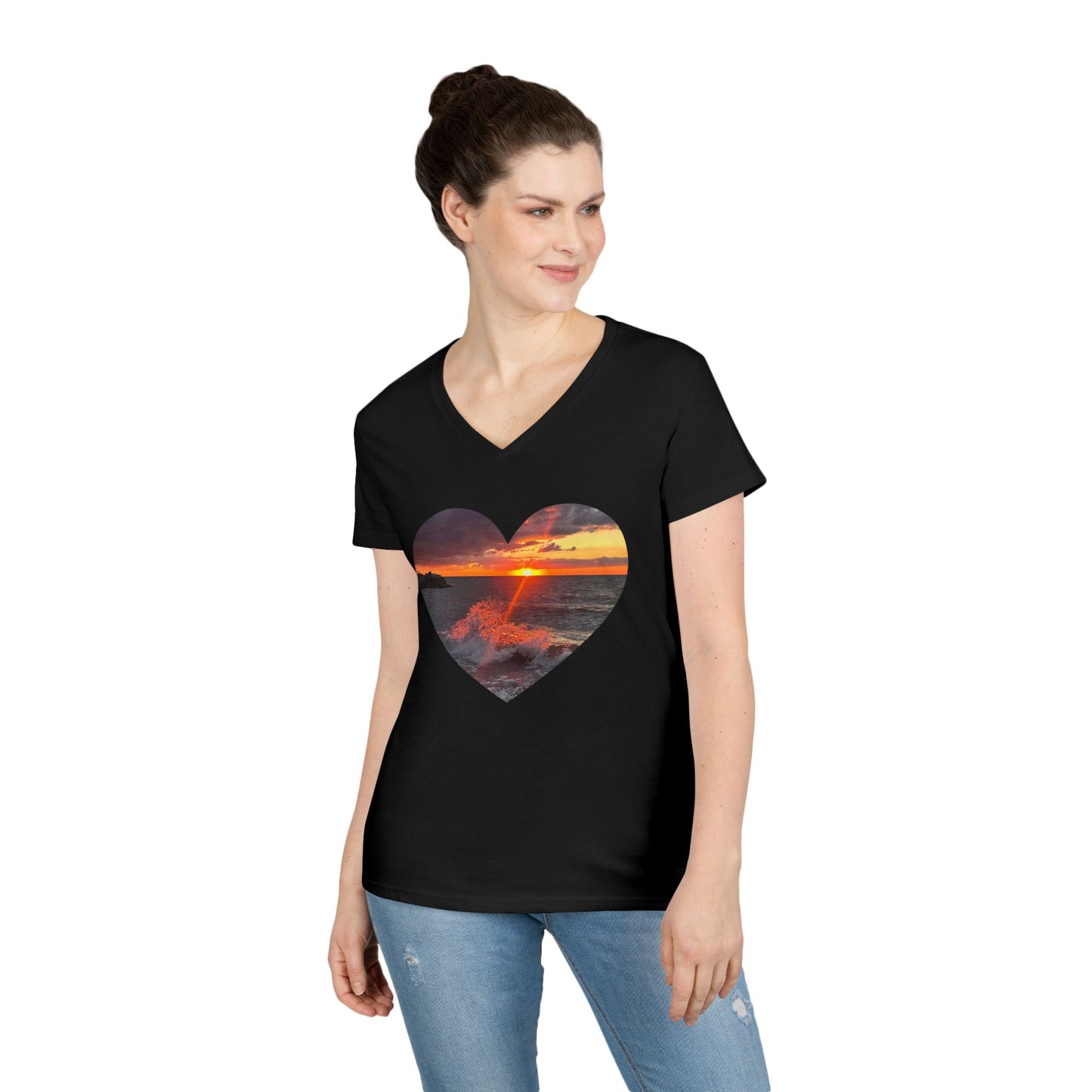 Ladies' Cotton V-Neck T-Shirt • "Fiery Splash at Avon Lake" Photo in Heart • 10 color fabric choices