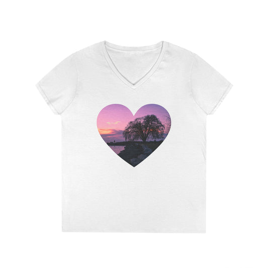 Ladies' Cotton V-Neck T-Shirt • "Willow at Edgewater" Photo in Heart • 10 color fabric choices