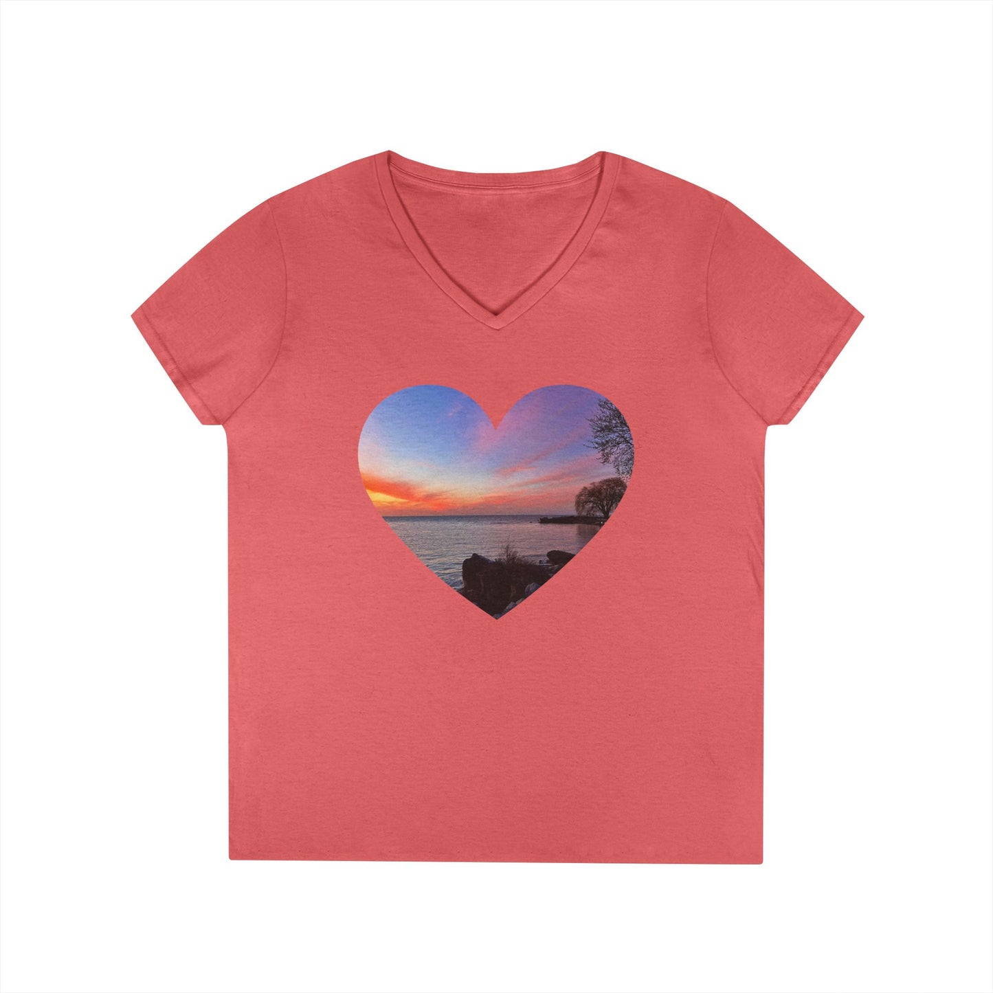 Ladies' Cotton V-Neck T-Shirt • "Sunset Orange" Photo in Heart • 10 color fabric choices