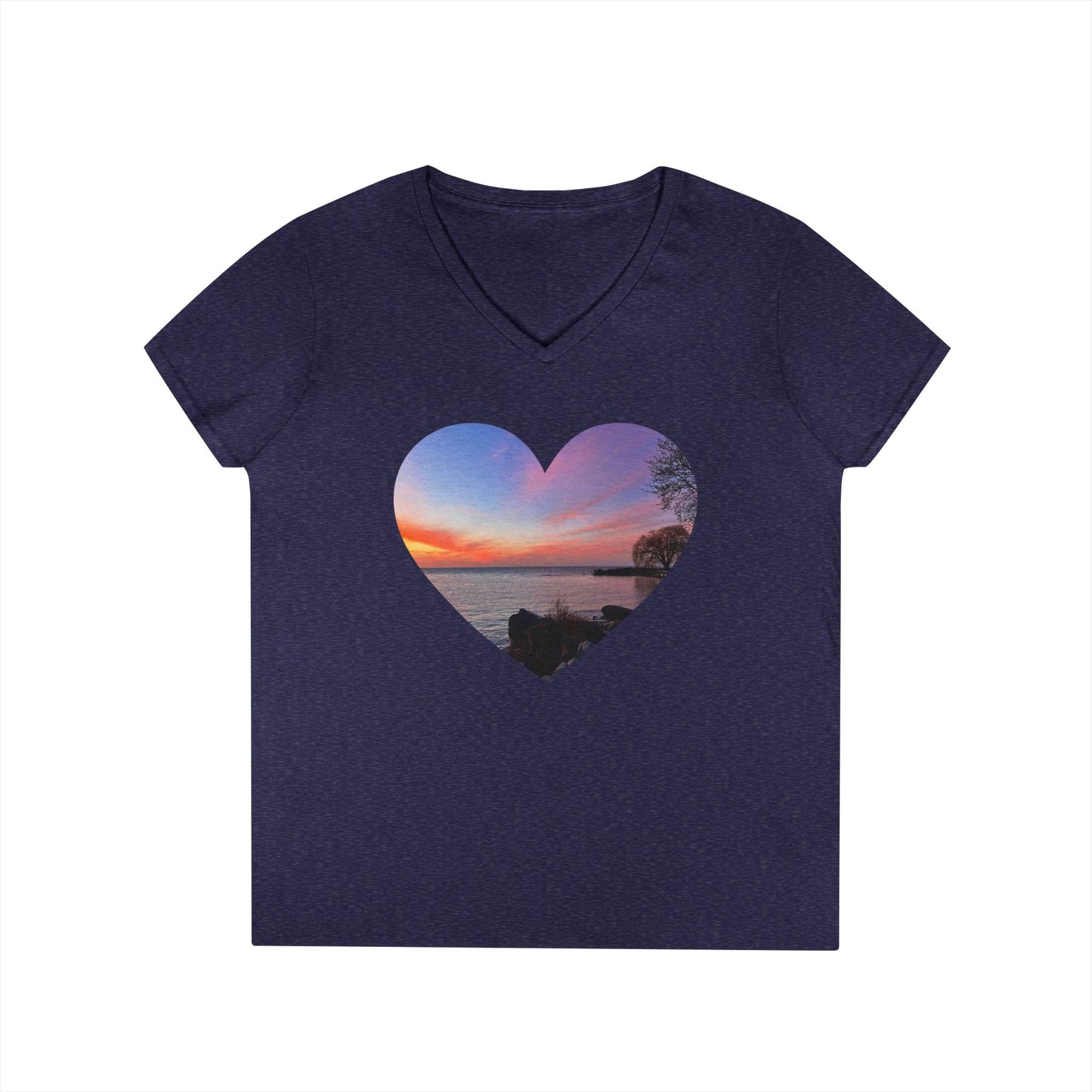 Ladies' Cotton V-Neck T-Shirt • "Sunset Orange" Photo in Heart • 10 color fabric choices
