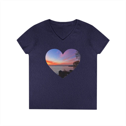 Ladies' Cotton V-Neck T-Shirt • "Sunset Orange" Photo in Heart • 10 color fabric choices