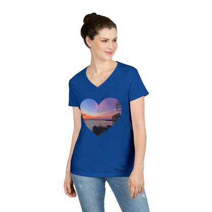 Ladies' Cotton V-Neck T-Shirt • "Sunset Orange" Photo in Heart • 10 color fabric choices