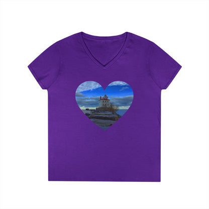 Ladies' Cotton V-Neck T-Shirt • "Breakwater Lighthouse" Photo in Heart • 10 color fabric choices