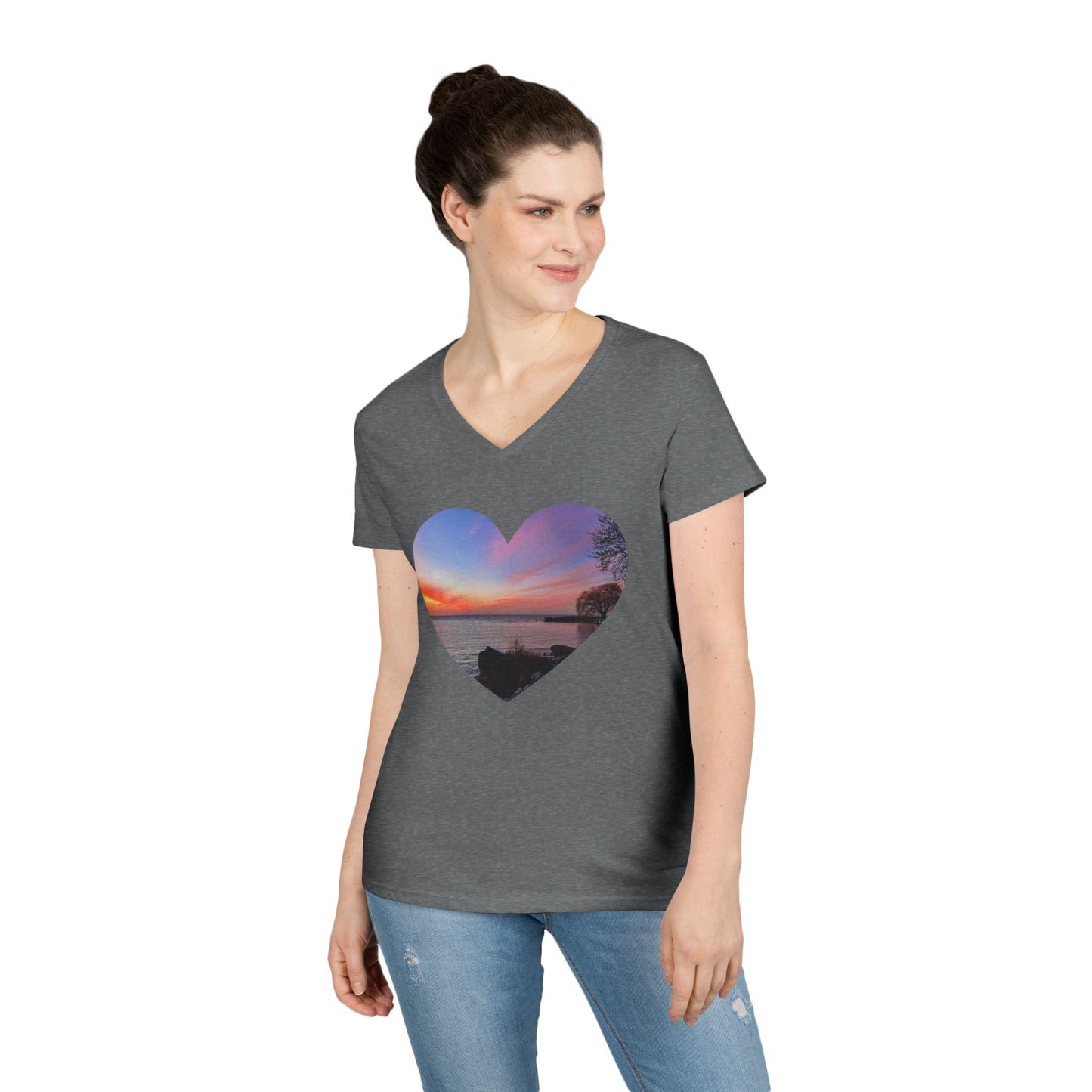 Ladies' Cotton V-Neck T-Shirt • "Sunset Orange" Photo in Heart • 10 color fabric choices