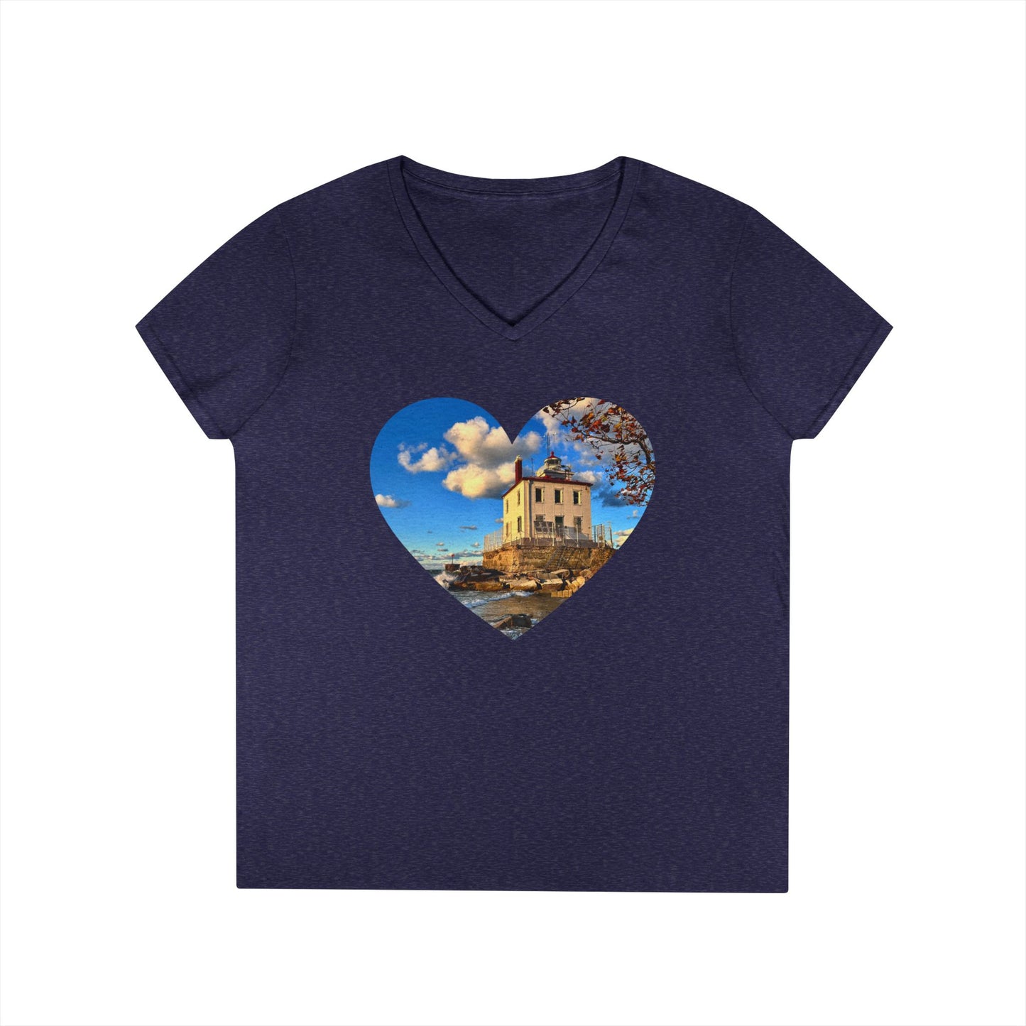 Ladies' Cotton V-Neck T-Shirt • "Fairport Harbor West Breakwater Light" Photo in Heart • 10 color fabric choices