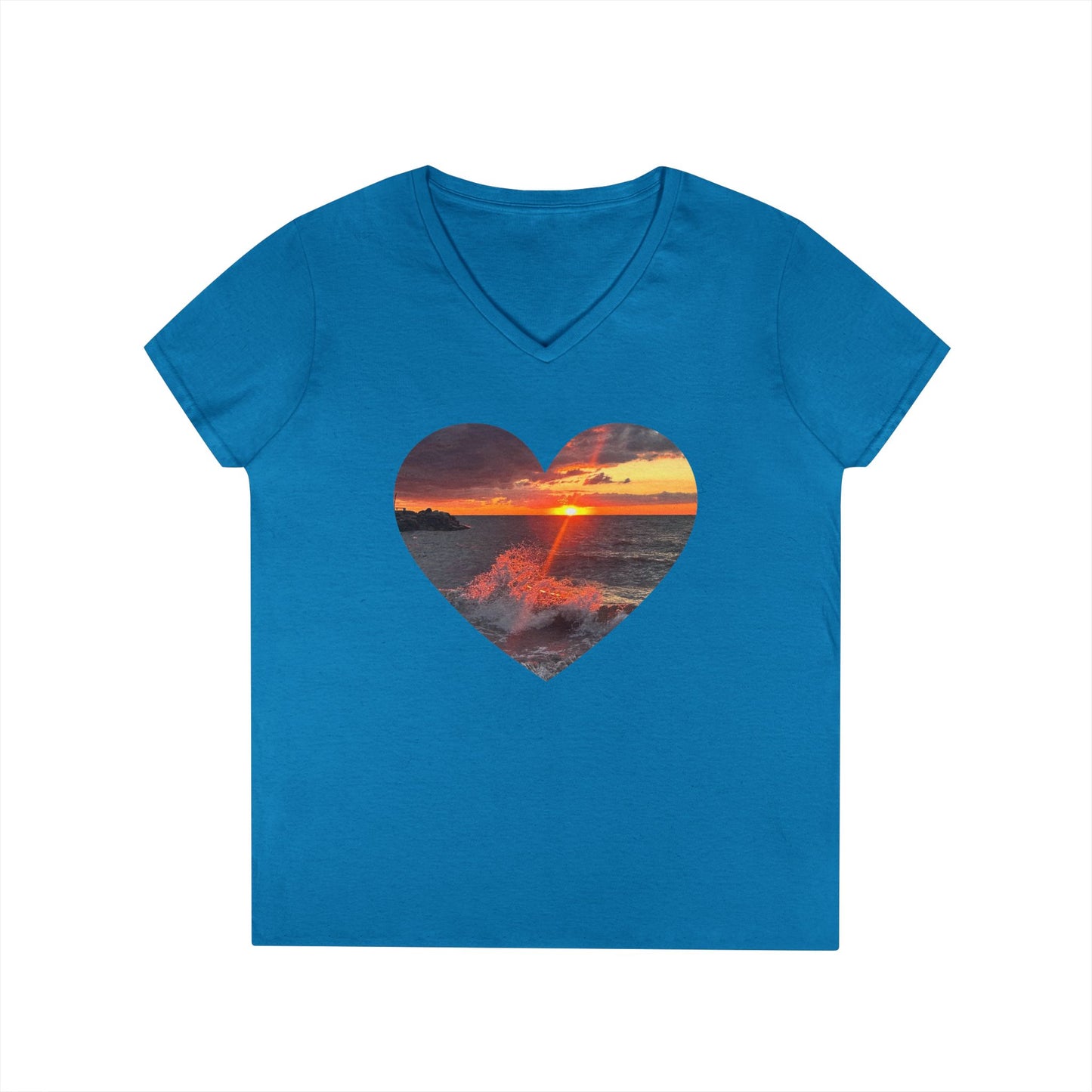 Ladies' Cotton V-Neck T-Shirt • "Fiery Splash at Avon Lake" Photo in Heart • 10 color fabric choices