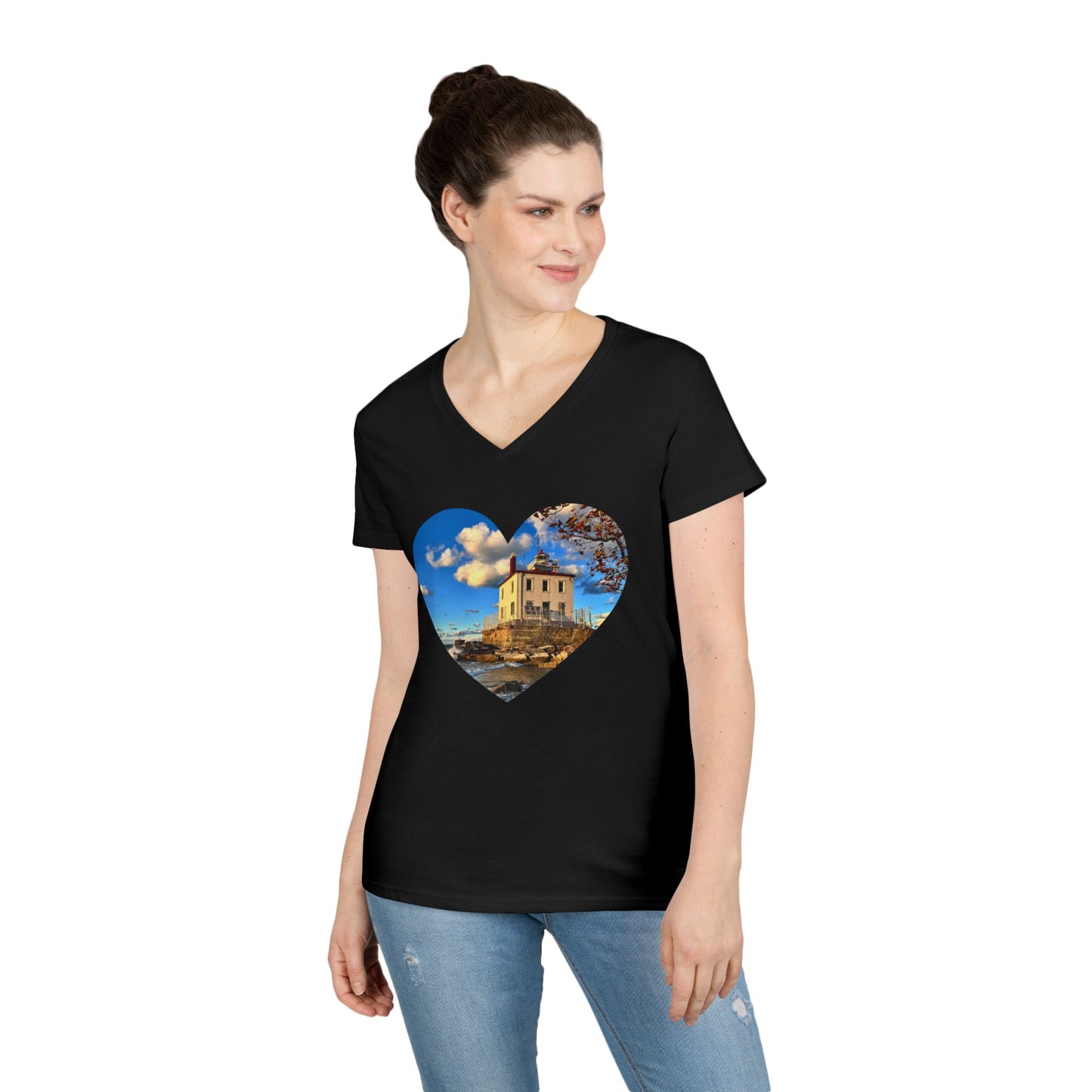 Ladies' Cotton V-Neck T-Shirt • "Fairport Harbor West Breakwater Light" Photo in Heart • 10 color fabric choices