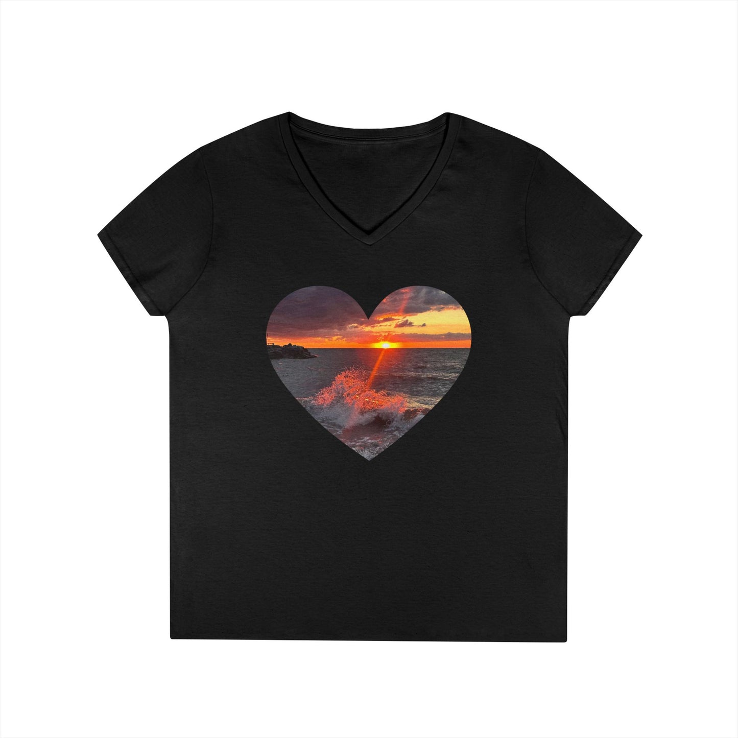 Ladies' Cotton V-Neck T-Shirt • "Fiery Splash at Avon Lake" Photo in Heart • 10 color fabric choices