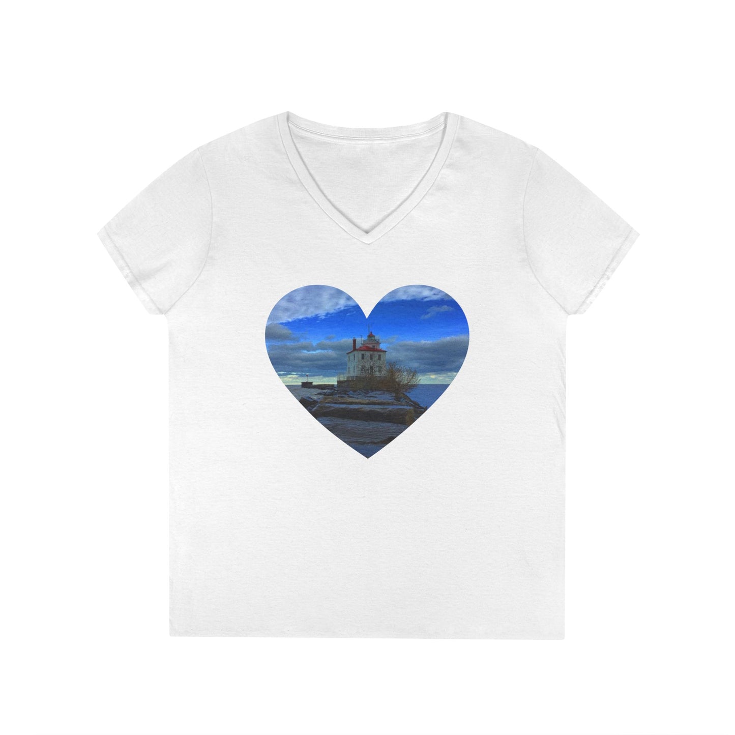 Ladies' Cotton V-Neck T-Shirt • "Breakwater Lighthouse" Photo in Heart • 10 color fabric choices