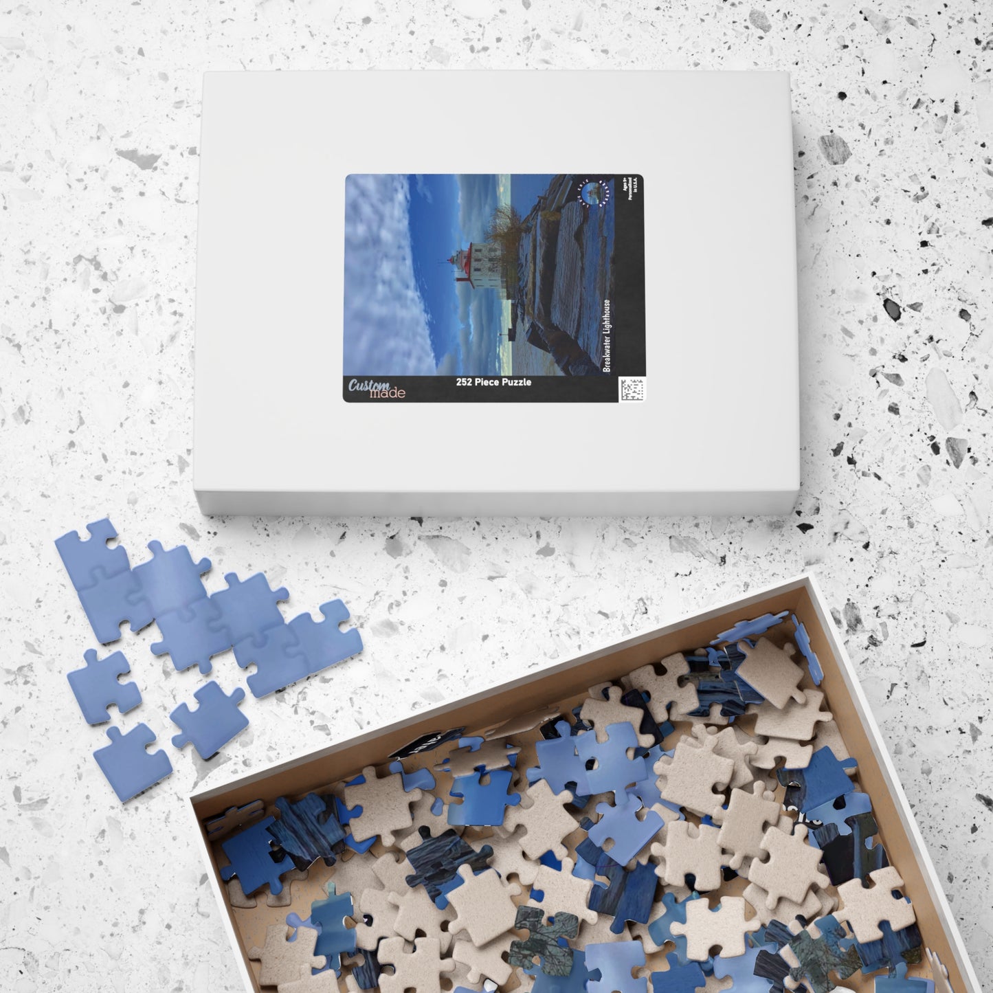 Dazzling Jigsaw Puzzles • "Breakwater Lighthouse" • 110, 252, 520, & 1014-Piece Puzzles for lighthouse lovers